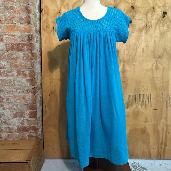Vintage Dresses & Skirts - Vintage AC Gauze 70s Turquoise Boho Dress Crochet Bib Flowy 100% Cotton